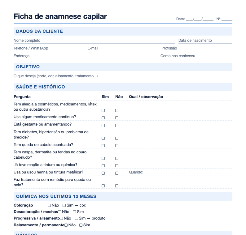 Prévia da ficha de anamnese capilar com dados da cliente, saúde e químicas dos últimos 12 meses