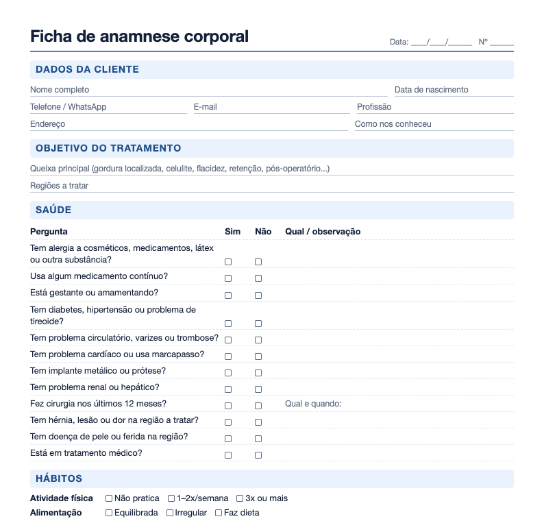Prévia da ficha de anamnese corporal com dados da cliente, objetivo e perguntas de saúde