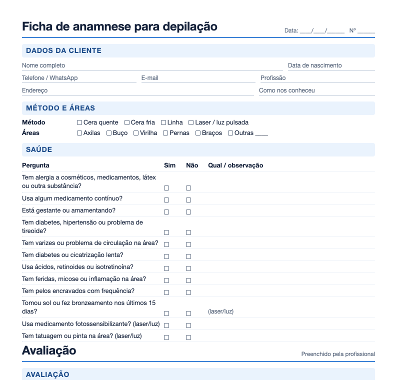 Prévia da ficha de anamnese para depilação com método, áreas e perguntas de saúde