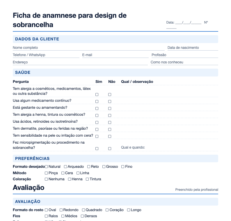 Prévia da ficha de anamnese para design de sobrancelha com perguntas de saúde e preferências