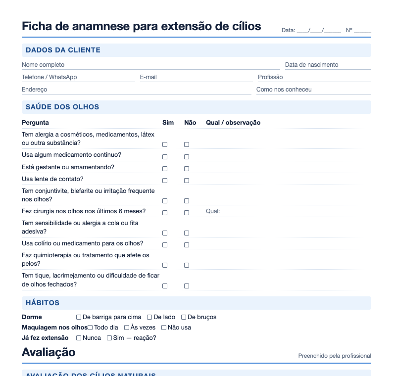 Prévia da ficha de anamnese para extensão de cílios com perguntas sobre a saúde dos olhos