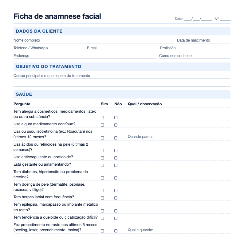 Prévia da ficha de anamnese facial com dados da cliente, objetivo do tratamento e perguntas de saúde