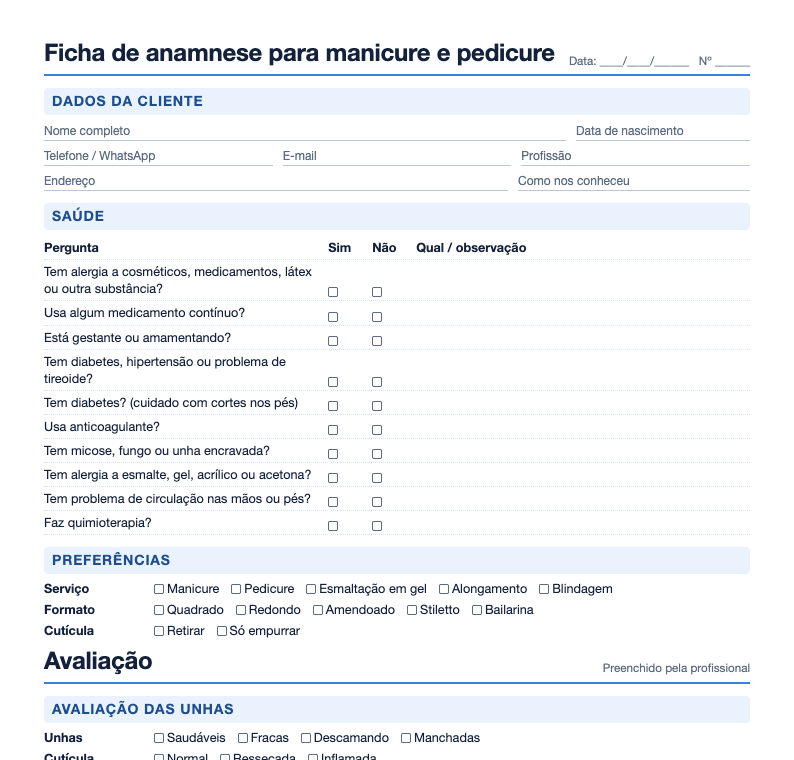 Prévia da ficha de anamnese para manicure e pedicure com perguntas de saúde e preferências