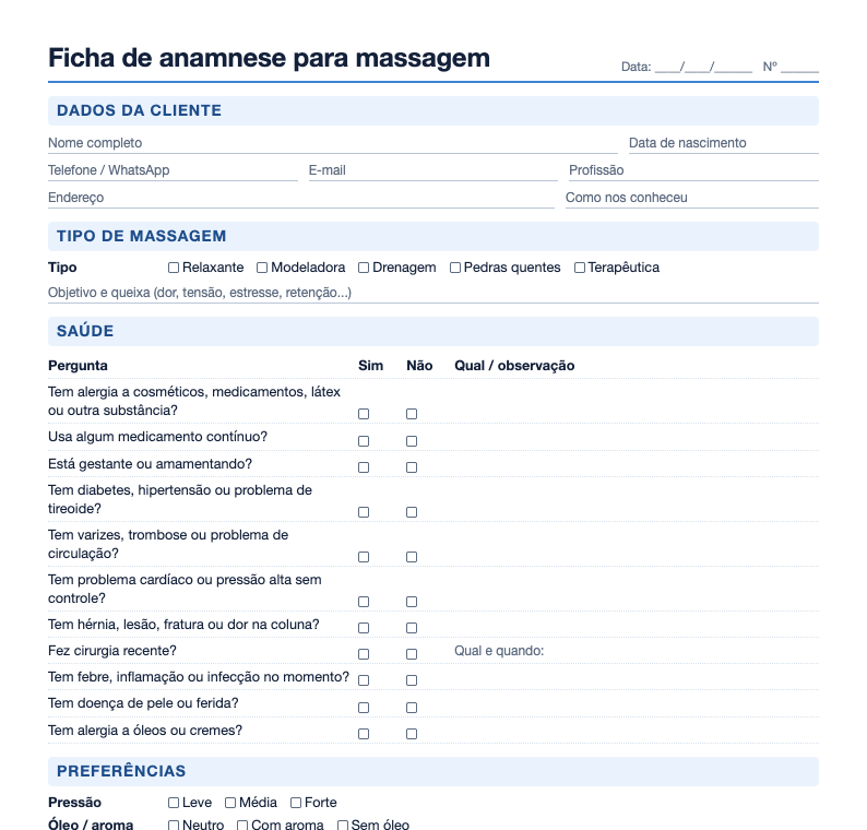 Prévia da ficha de anamnese para massagem com tipo, queixa e perguntas de saúde