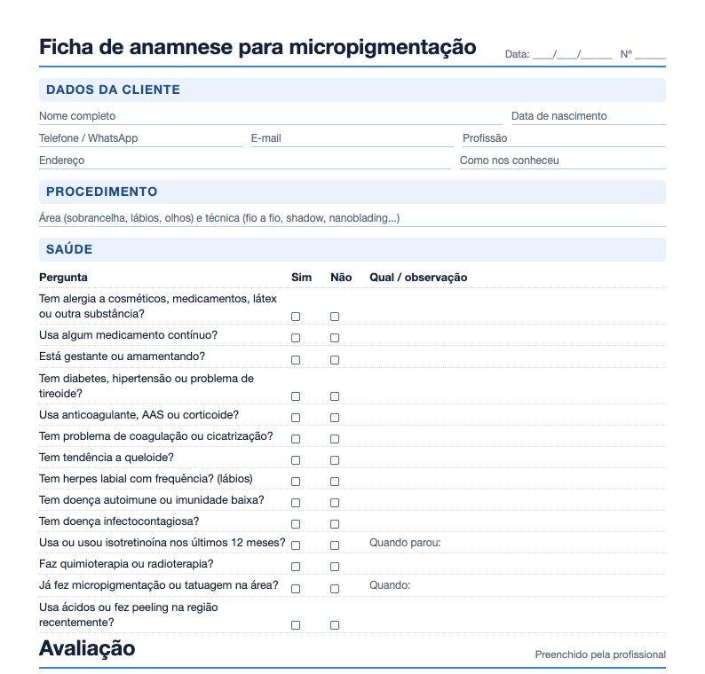 Prévia da ficha de anamnese para micropigmentação com as perguntas de saúde