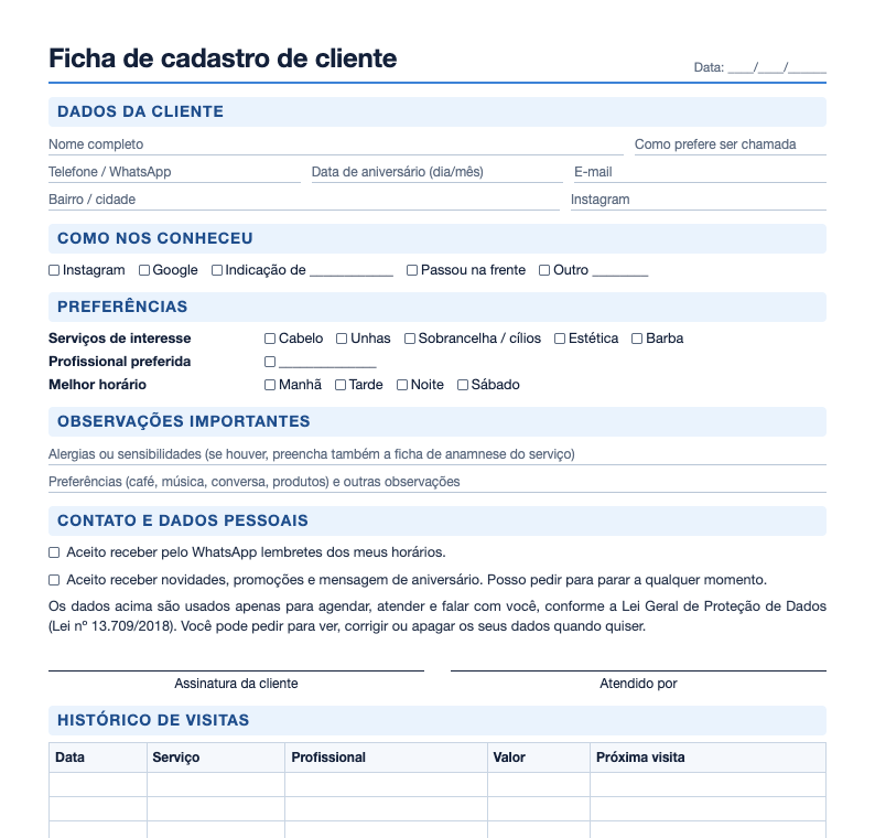 Prévia da ficha de cadastro de cliente com dados de contato, como conheceu e preferências