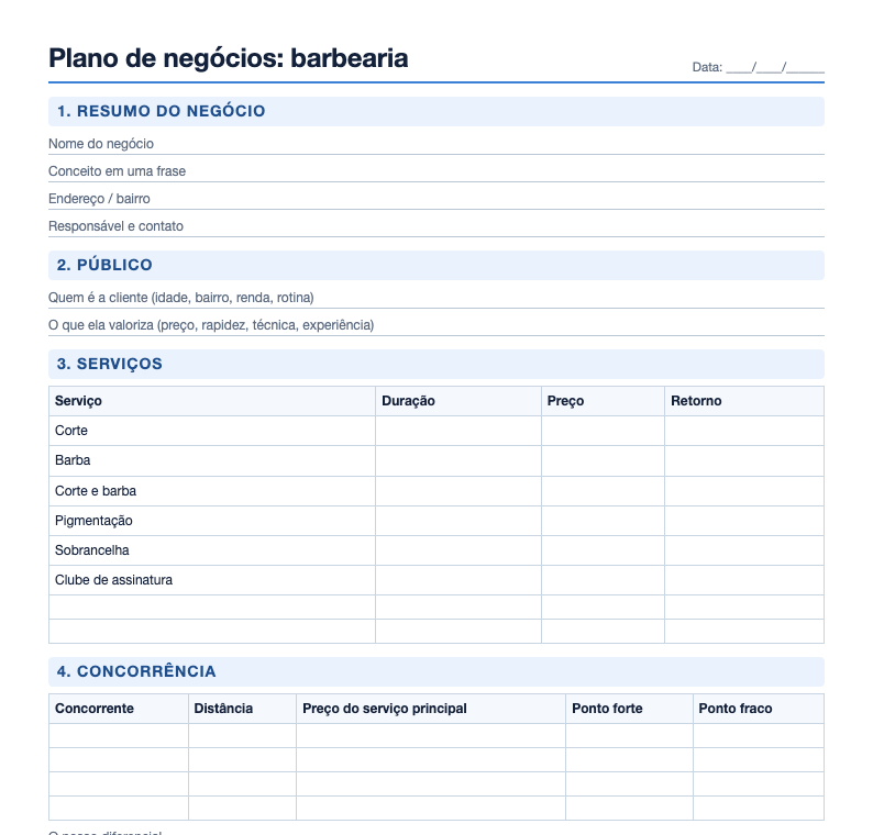 Prévia do plano de negócios para barbearia com resumo, público, serviços e concorrência