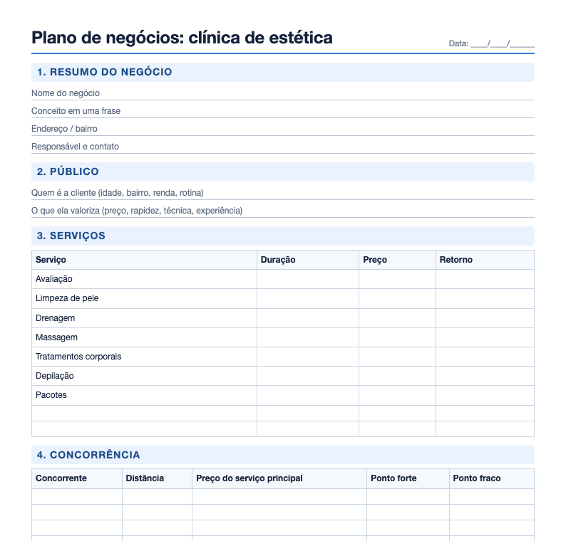 Prévia do plano de negócios para clínica de estética com resumo, público, serviços e concorrência
