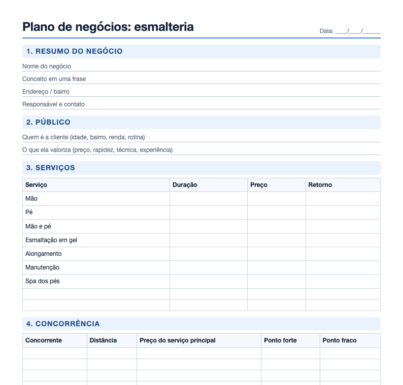 Prévia do plano de negócios para esmalteria com resumo, público, serviços e concorrência
