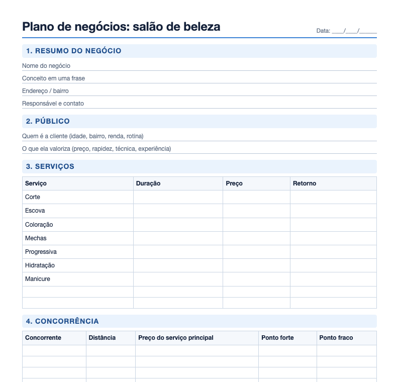 Prévia do plano de negócios para salão de beleza com resumo, público, serviços e concorrência