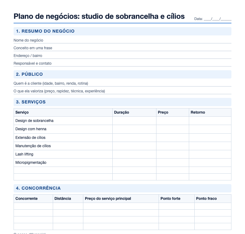 Prévia do plano de negócios para studio de sobrancelha e cílios com resumo, público, serviços e concorrência