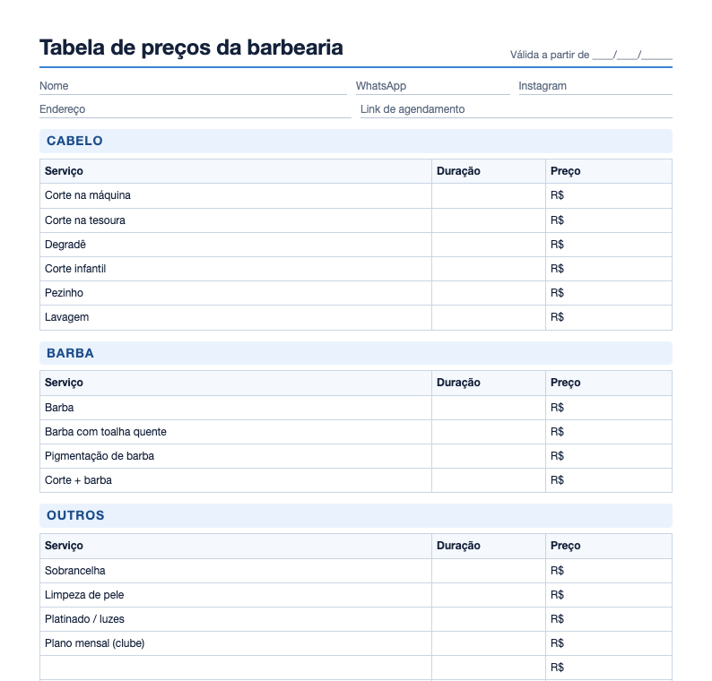 Prévia do modelo de tabela de preços da barbearia com serviços por grupo e colunas de duração e preço