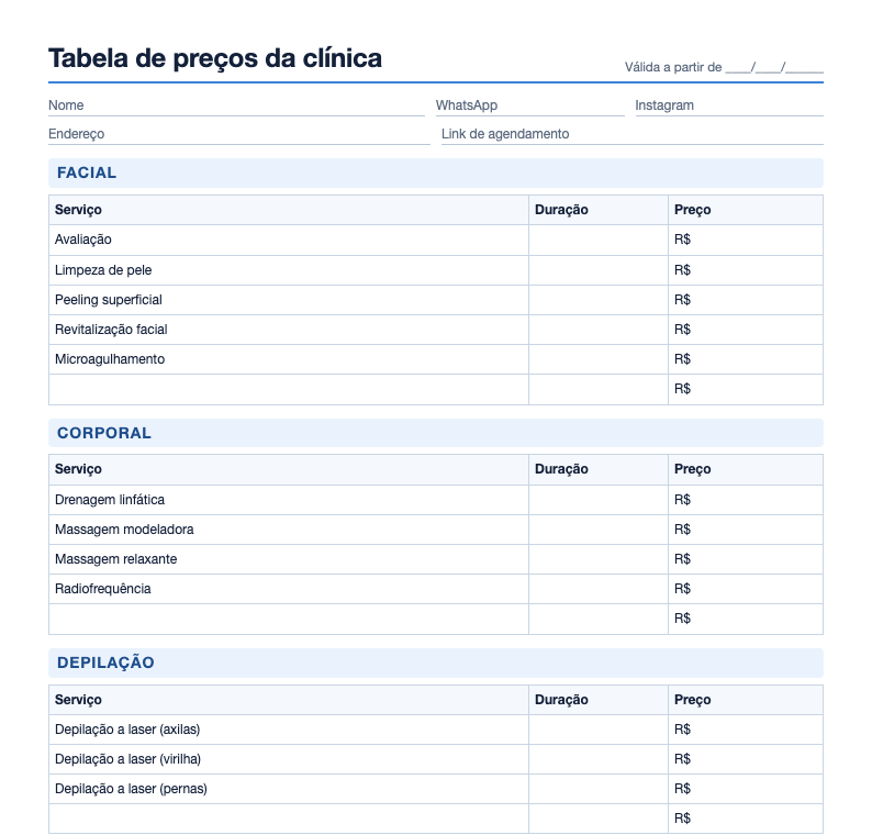 Prévia do modelo de tabela de preços da clínica com serviços por grupo e colunas de duração e preço