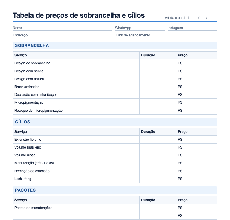 Prévia do modelo de tabela de preços do studio com serviços por grupo e colunas de duração e preço