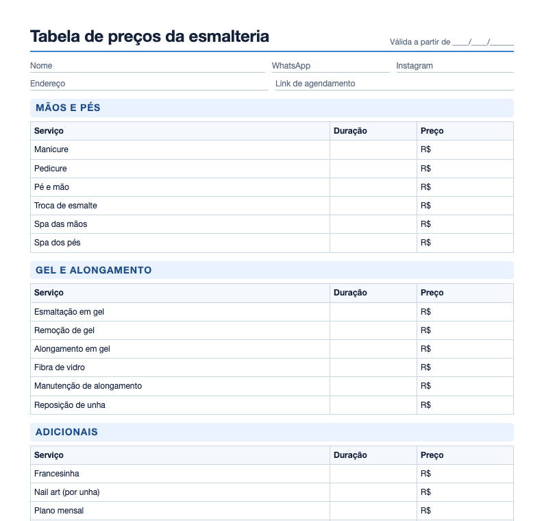 Prévia do modelo de tabela de preços da esmalteria com serviços por grupo e colunas de duração e preço