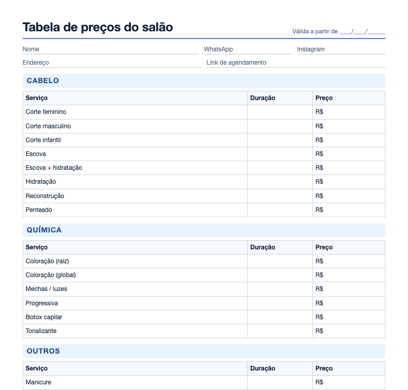 Prévia do modelo de tabela de preços do salão com serviços por grupo e colunas de duração e preço