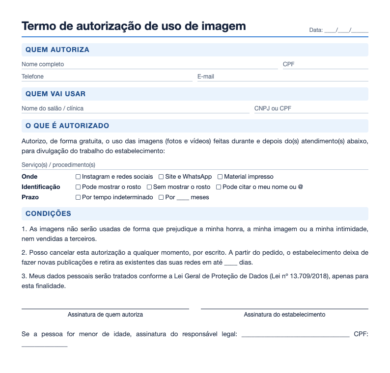 Prévia do termo de autorização de uso de imagem com os dados de quem autoriza e do estabelecimento