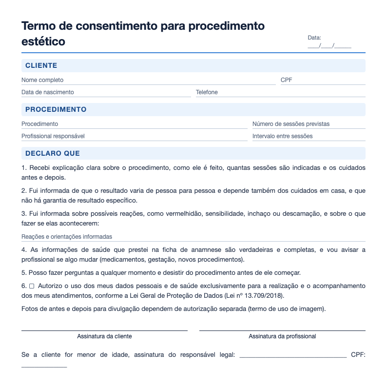 Prévia do termo de consentimento para procedimento estético com dados da cliente e declarações