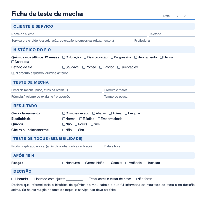 Prévia da ficha de teste de mecha com histórico do fio, fórmula e resultado